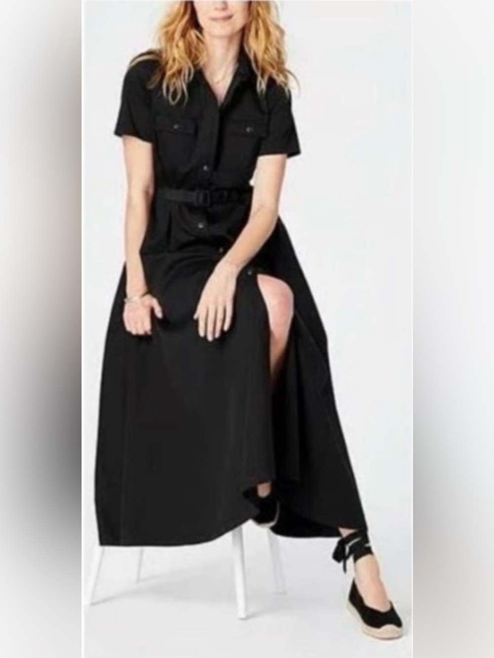 J. Jill Black Maxi Shirt Dress Size Large Button-down Belted Fit & Flare Classic